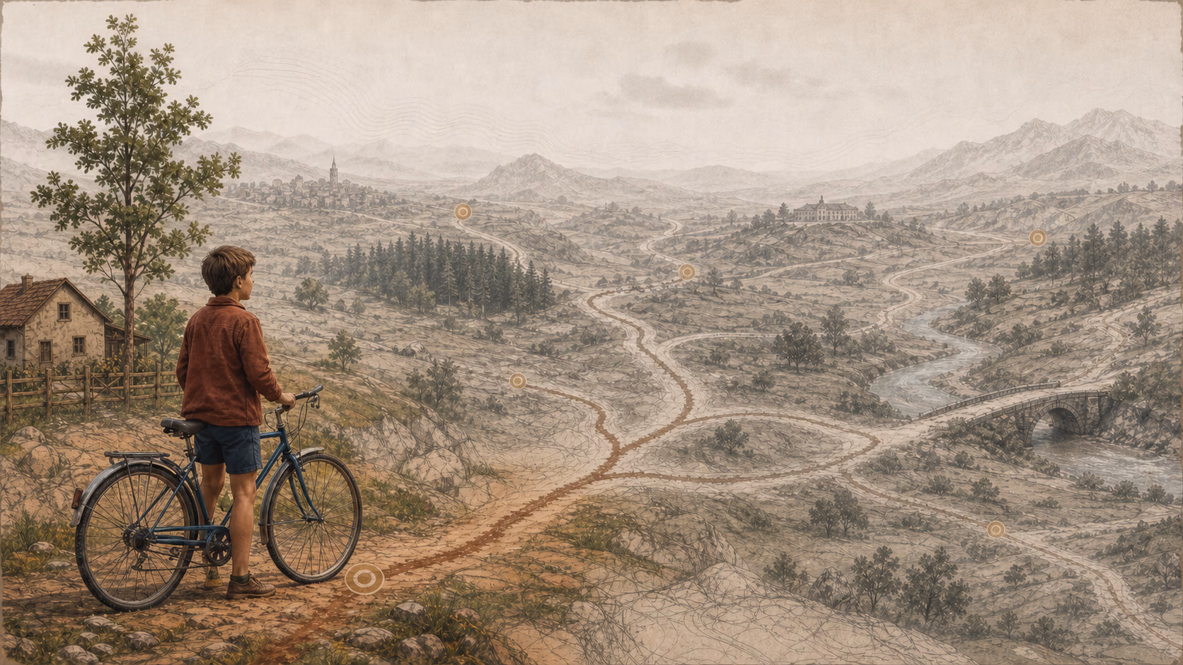 Un garçon avec son vélo observe plusieurs routes dans un paysage topographique illustré