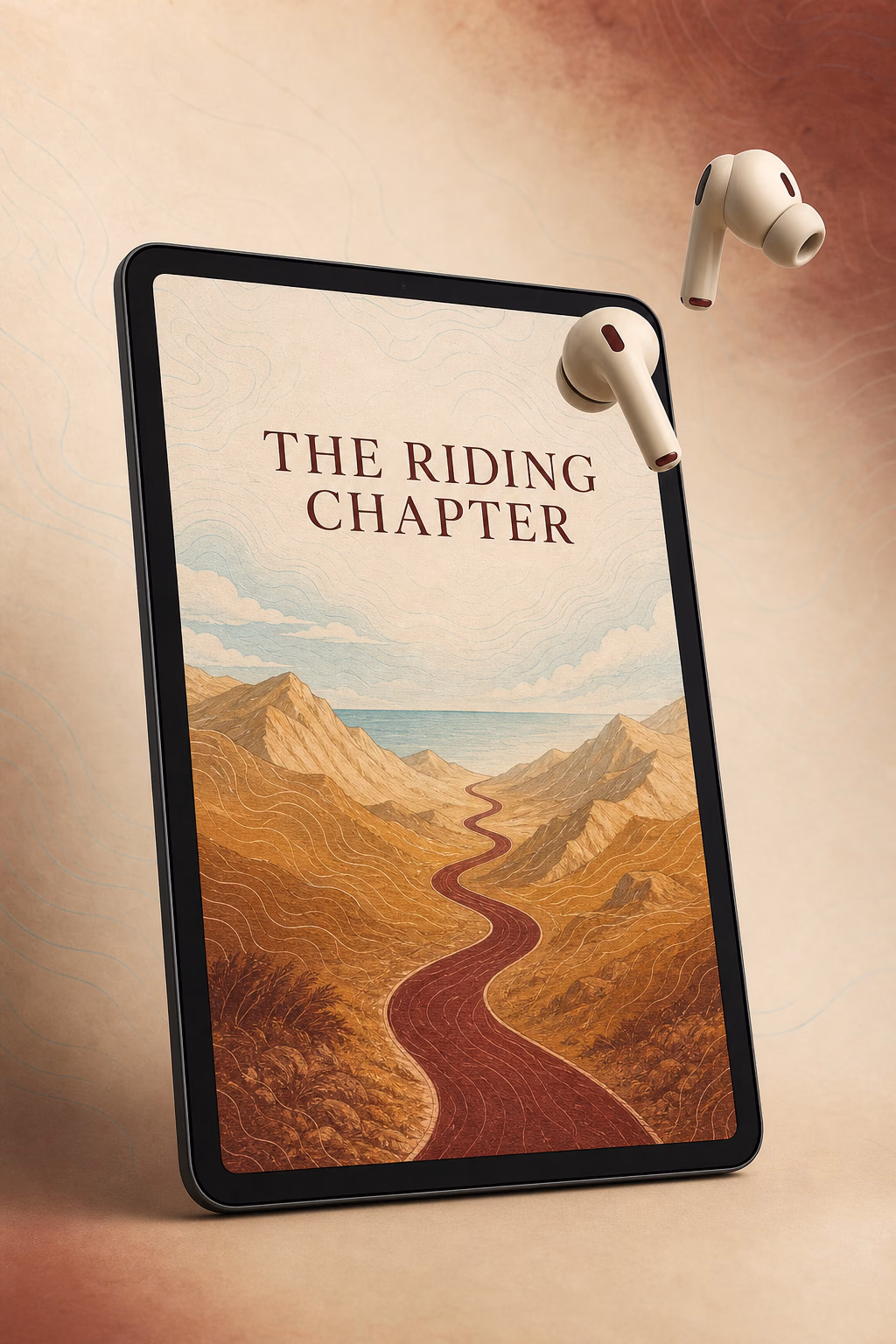 Le livre numérique The Riding Chapter ouvert sur un iPad avec deux écouteurs en lévitation