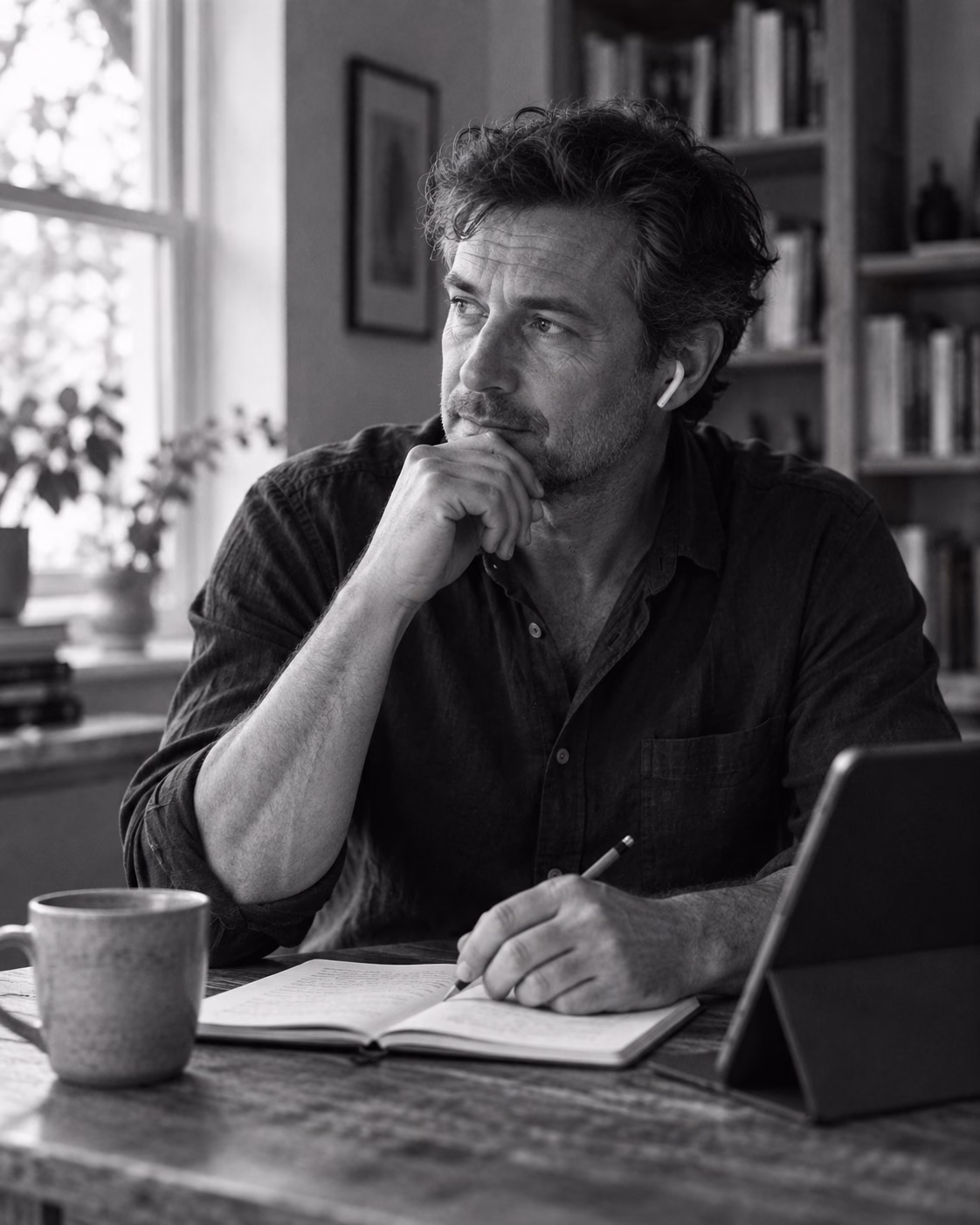 Une personne vue par-dessus l’épaule lit The Riding Chapter sur un iPad avec des écouteurs sans fil
