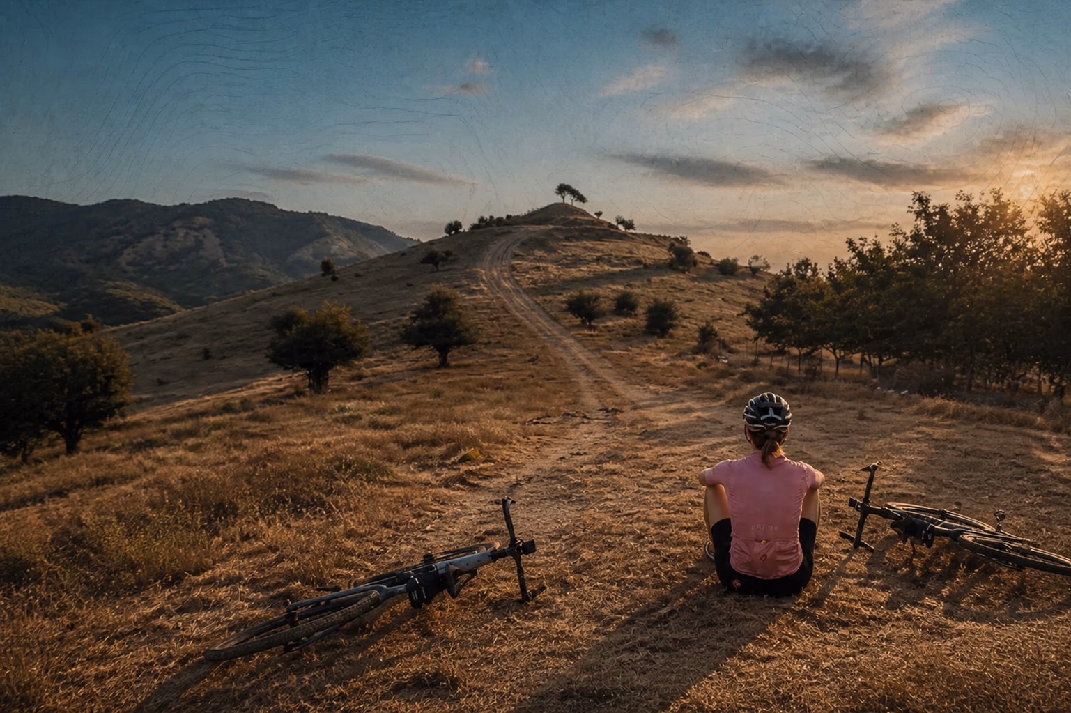 Laura, vue de dos, assise entre deux vélos devant une route de La Rioja
